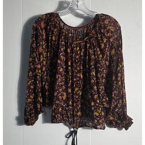 Anthropologie Floral Peasant Blouse Black Pink Orange XS Sheer Drawstring Hem